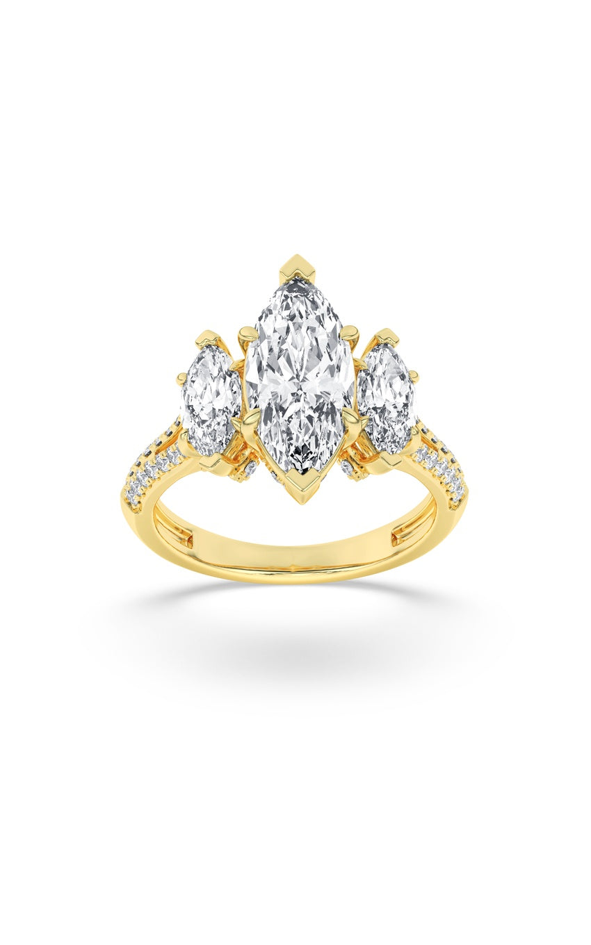4Cttw Marquise Shaped Lab Grown Diamond (G/VS) Three Stone Accented Engagement Ring in 14K Gold