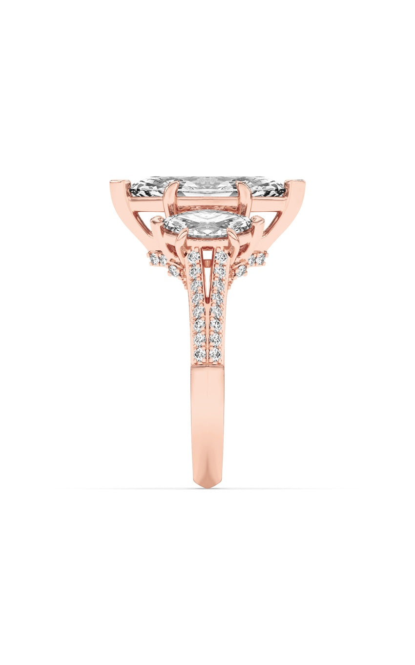 4Cttw Marquise Shaped Lab Grown Diamond (G/VS) Three Stone Accented Engagement Ring in 14K Gold