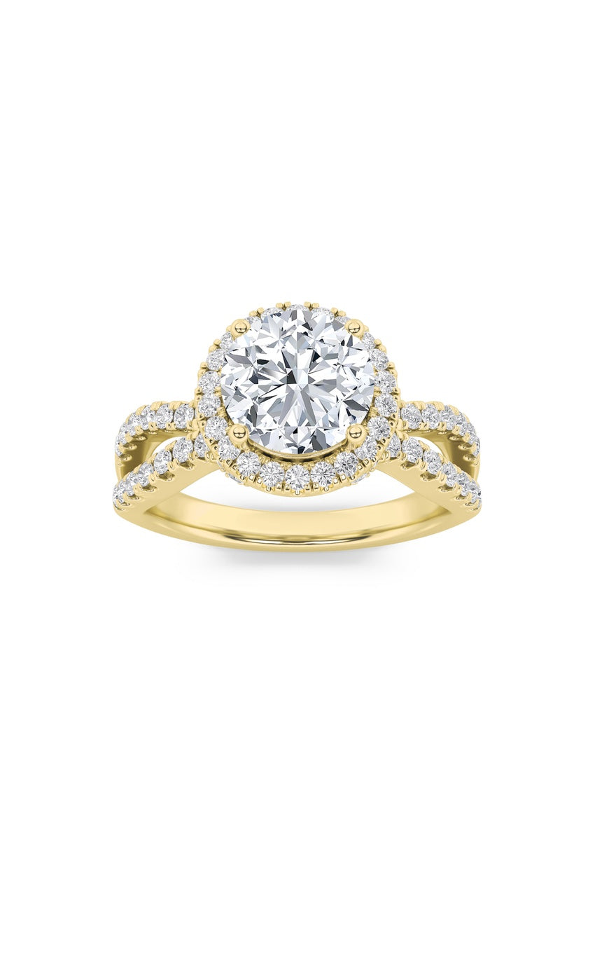 2Cttw Round Shaped Lab Grown Diamond (F/VS) SplitShank Halo Accented Engagement Ring in 14K Gold