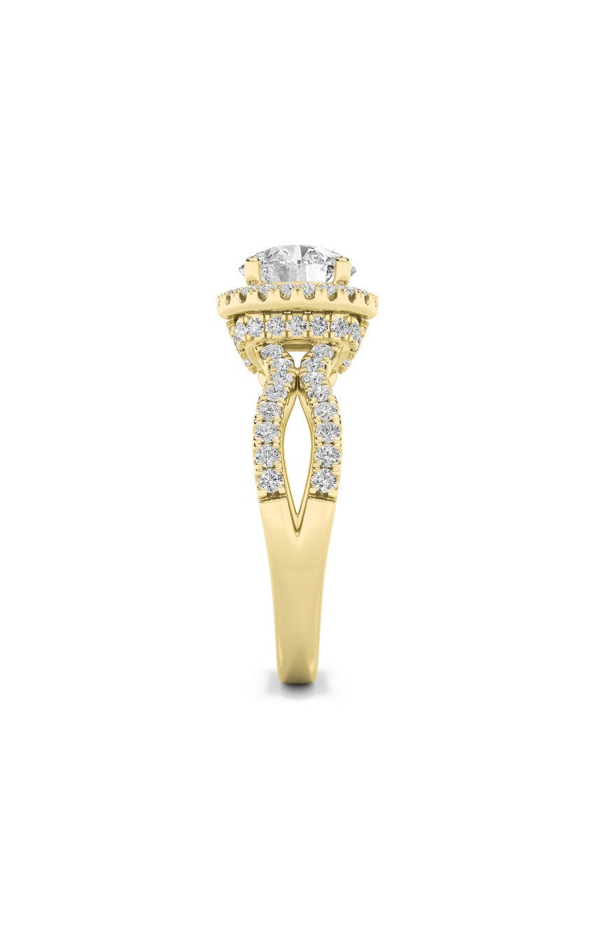2Cttw Round Shaped Lab Grown Diamond (F/VS) SplitShank Halo Accented Engagement Ring in 14K Gold