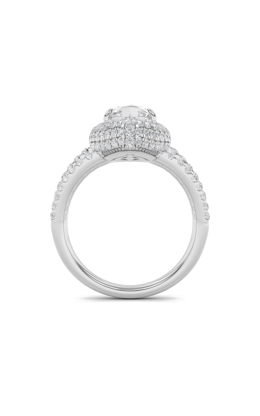 3Cttw Marquise Shaped Lab Grown Diamond (F/VS) Three Row Accented Halo Engagement Ring in 14K Gold