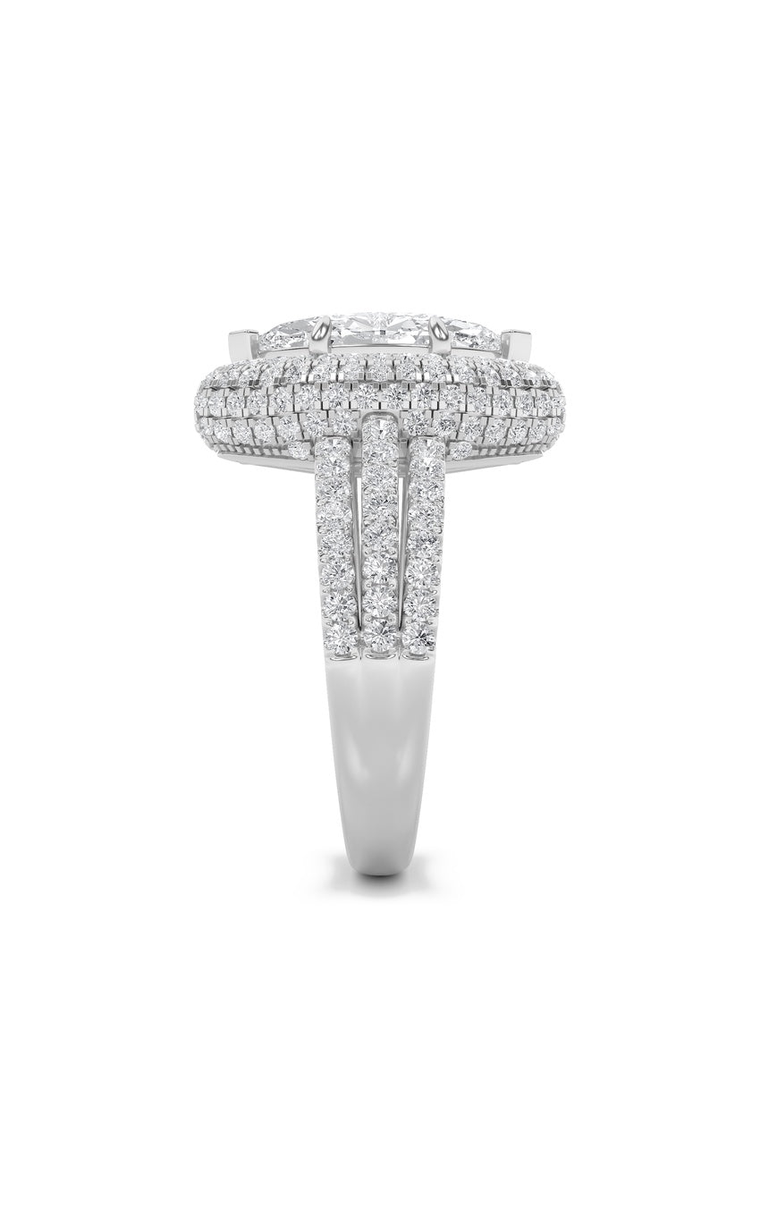 3Cttw Marquise Shaped Lab Grown Diamond (F/VS) Three Row Accented Halo Engagement Ring in 14K Gold
