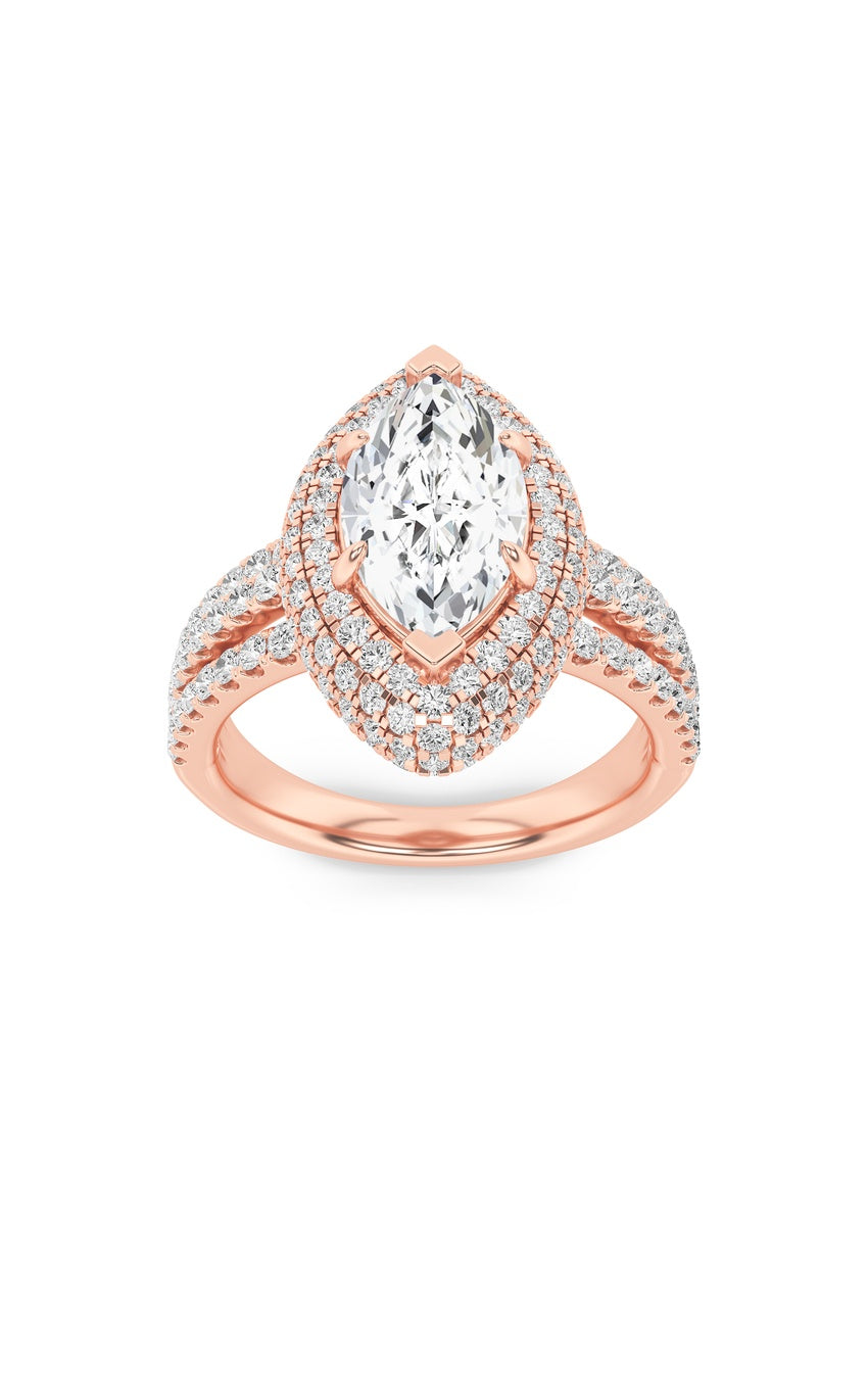 3Cttw Marquise Shaped Lab Grown Diamond (F/VS) Three Row Accented Halo Engagement Ring in 14K Gold