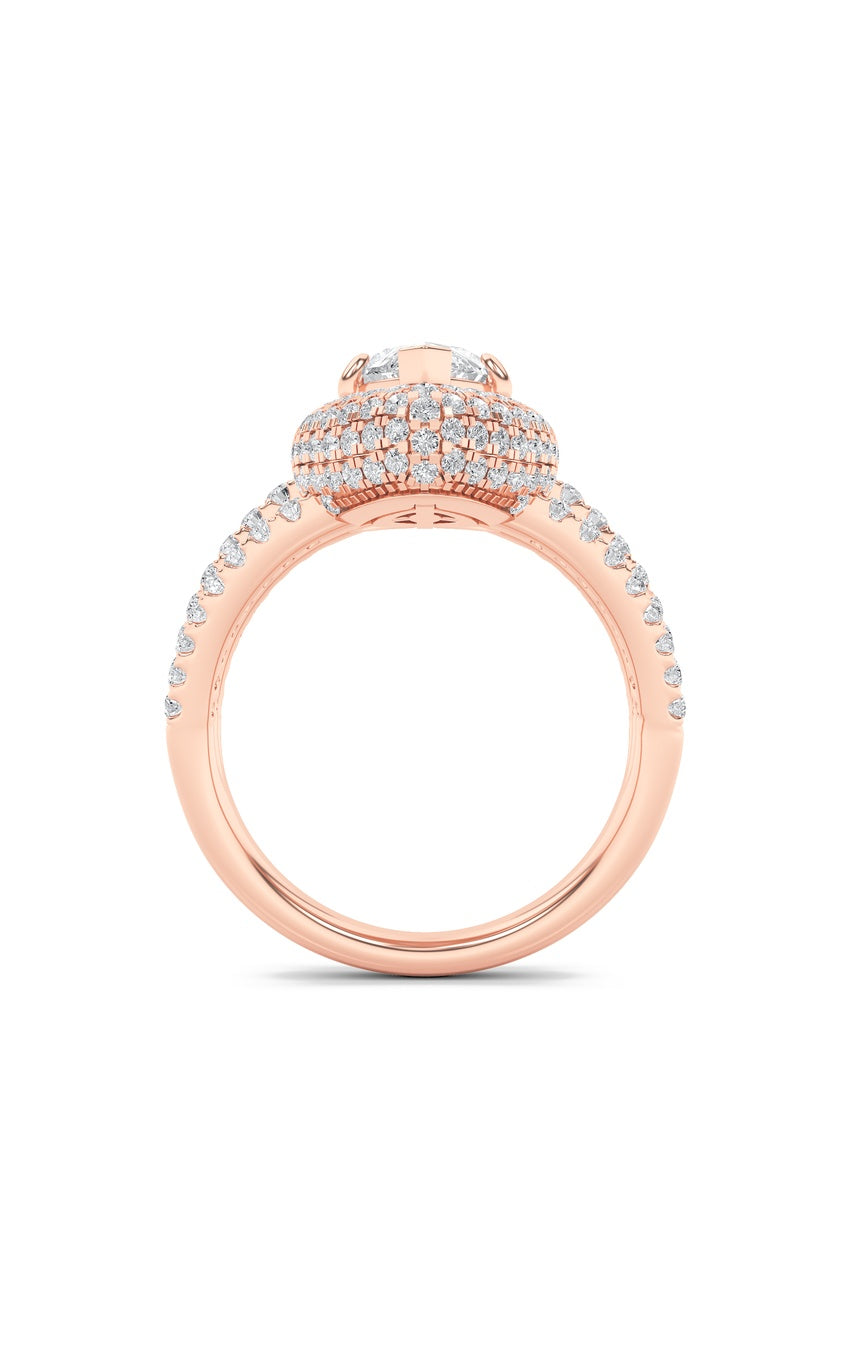 3Cttw Marquise Shaped Lab Grown Diamond (F/VS) Three Row Accented Halo Engagement Ring in 14K Gold