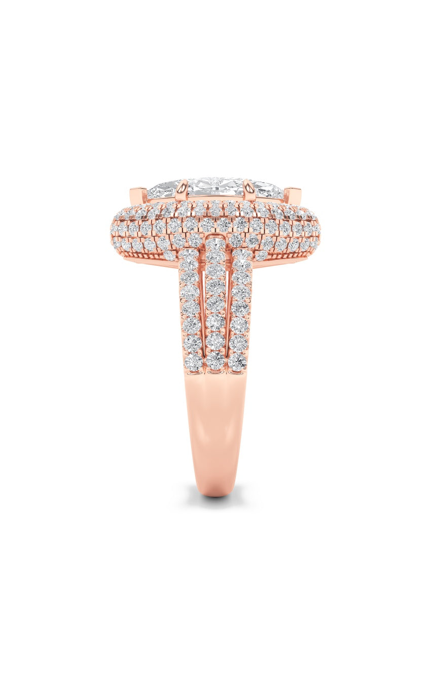 3Cttw Marquise Shaped Lab Grown Diamond (F/VS) Three Row Accented Halo Engagement Ring in 14K Gold