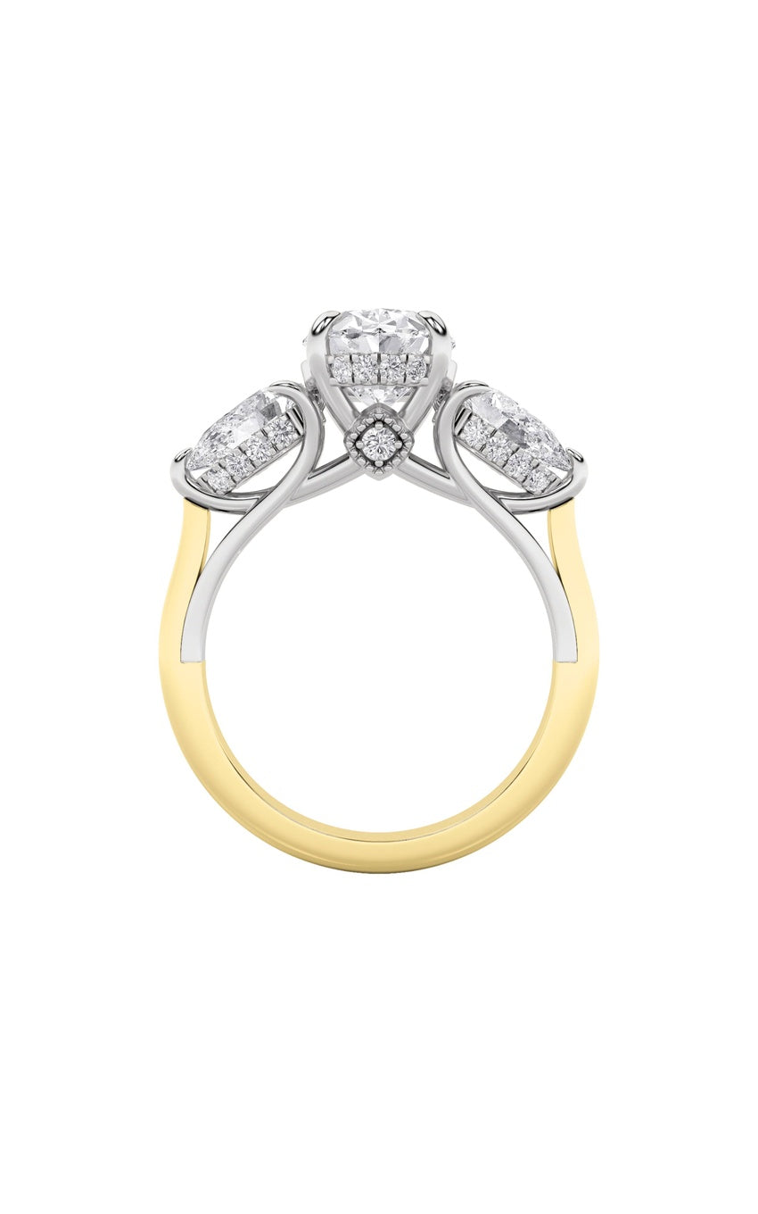 4Cttw Oval Shaped Lab Grown Diamond (F/VS) Accented Three Stone Ring in 14K Gold