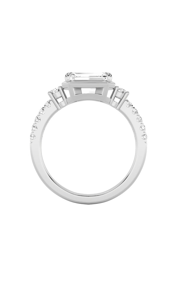 2Cttw Emerald Shaped Lab Grown Diamond (F/VS) East West Accented Three Stone Ring in 14K Gold