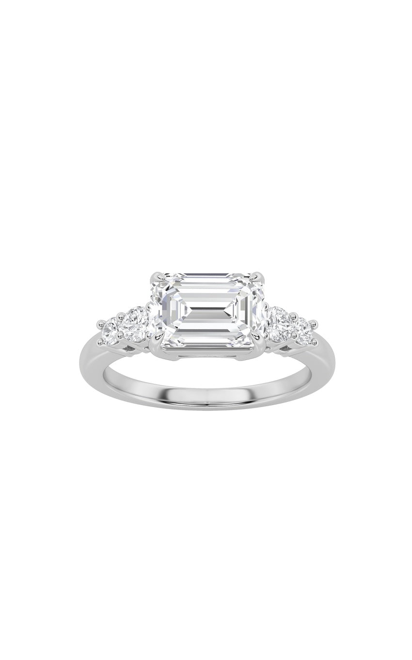 1.5Cttw Emerald Shaped Lab Grown Diamond (F/VS) East West Accented Three Stone Ring in 14K Gold