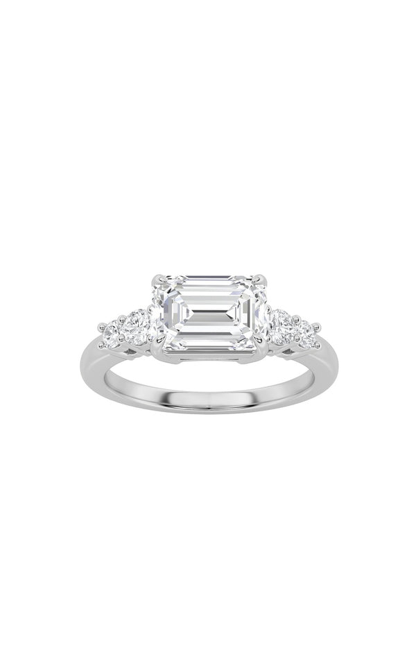 1.5Cttw Emerald Shaped Lab Grown Diamond (F/VS) East West Accented Three Stone Ring in 14K Gold