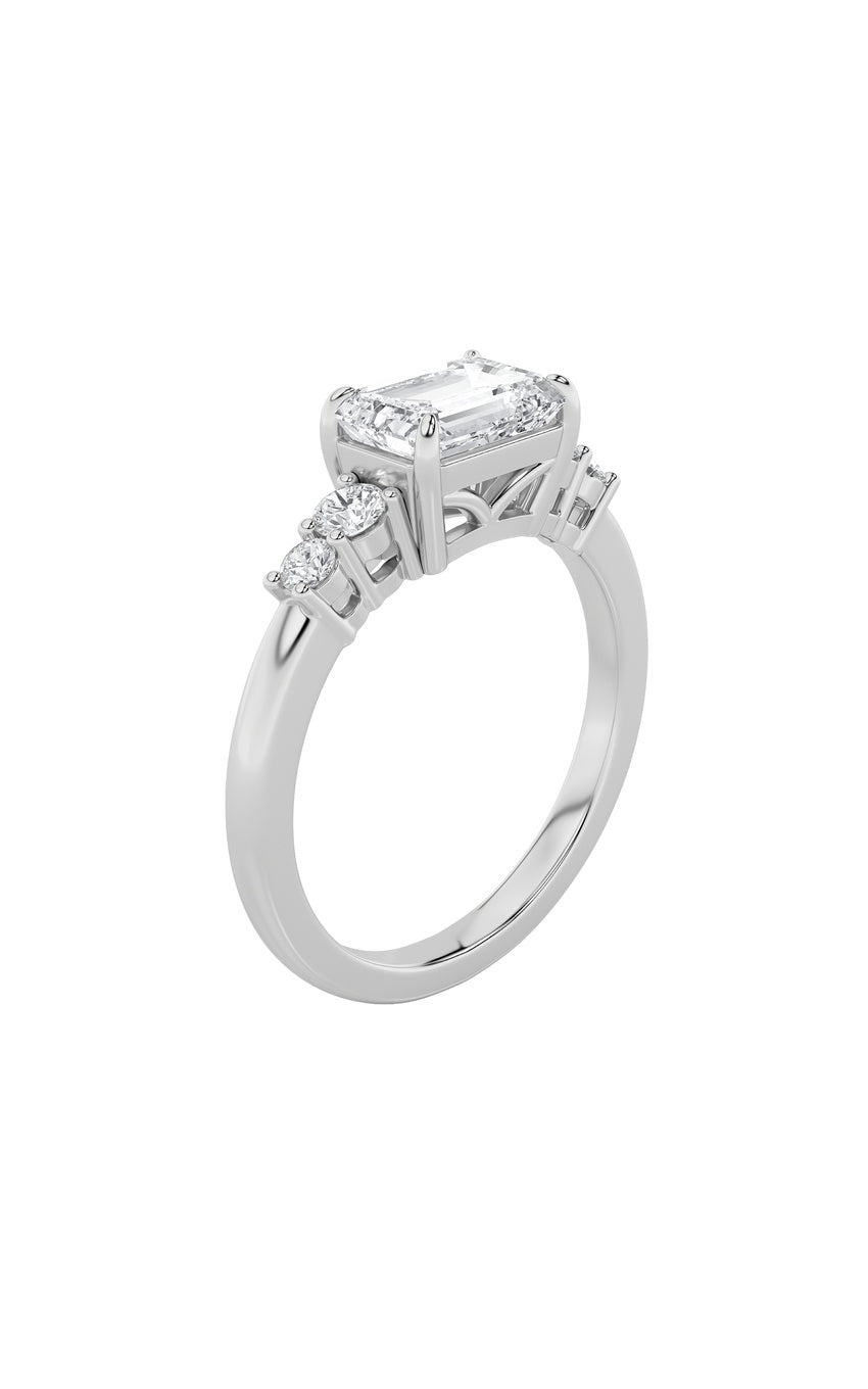 1.5Cttw Emerald Shaped Lab Grown Diamond (F/VS) East West Accented Three Stone Ring in 14K Gold