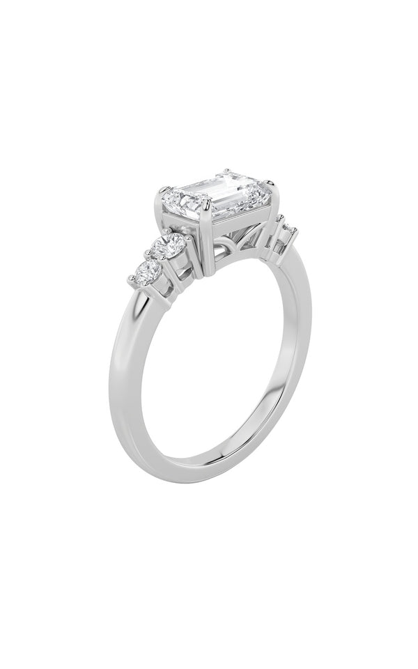 1.5Cttw Emerald Shaped Lab Grown Diamond (F/VS) East West Accented Three Stone Ring in 14K Gold