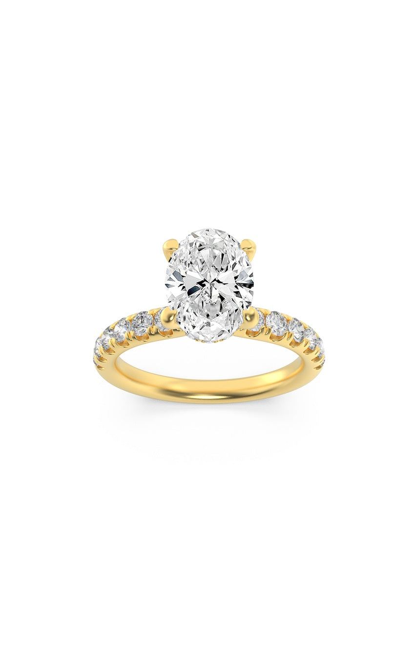 2Cttw Oval Shaped Lab Grown Diamond (F/VS) HiddenHalo Accented Ring in 14K Gold