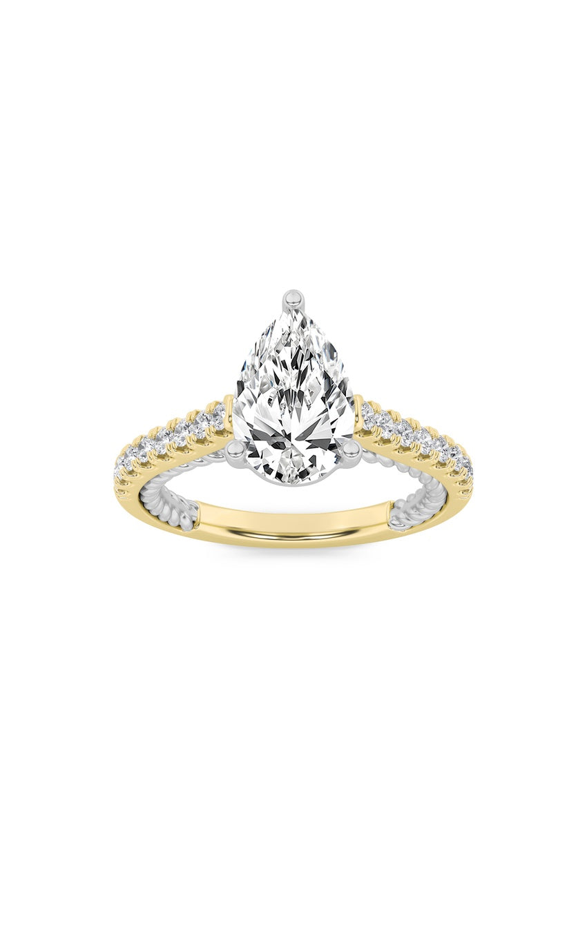 2Cttw Pear Shaped Lab Grown Diamond (F/VS) Two Tone Accented Rope Design Engagement Ring in 14K Gold