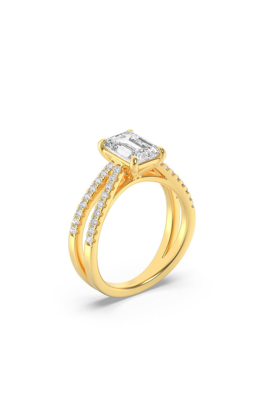 2Cttw Emerald Shaped Lab Grown Diamond (F/VS) Cross Shank Accented Engagement Ring in 14K Gold