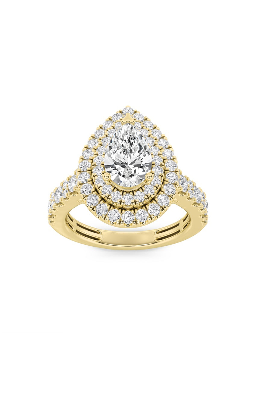 2Cttw Pear Shaped Lab Grown Diamond (F/VS) DoubleHalo Engagement Ring in 14K Gold