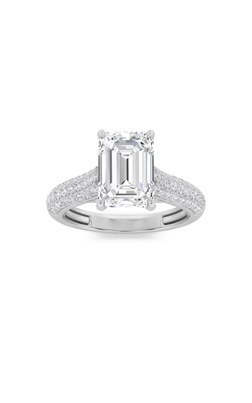 1.5Cttw Emerald Shaped Lab Grown Diamond (F/VS) Hidden Halo Accented Engagement Ring in 14K Gold