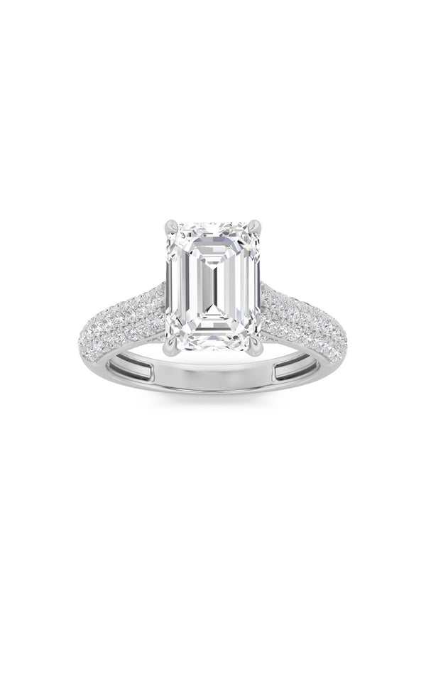 1.5Cttw Emerald Shaped Lab Grown Diamond (F/VS) Hidden Halo Accented Engagement Ring in 14K Gold