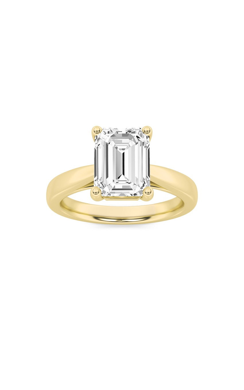 2Cttw Emerald Shaped Lab Grown Diamond (F/VS) Plain Cathedral Trellis Shank Solitaire Engagement Ring in 14K Gold