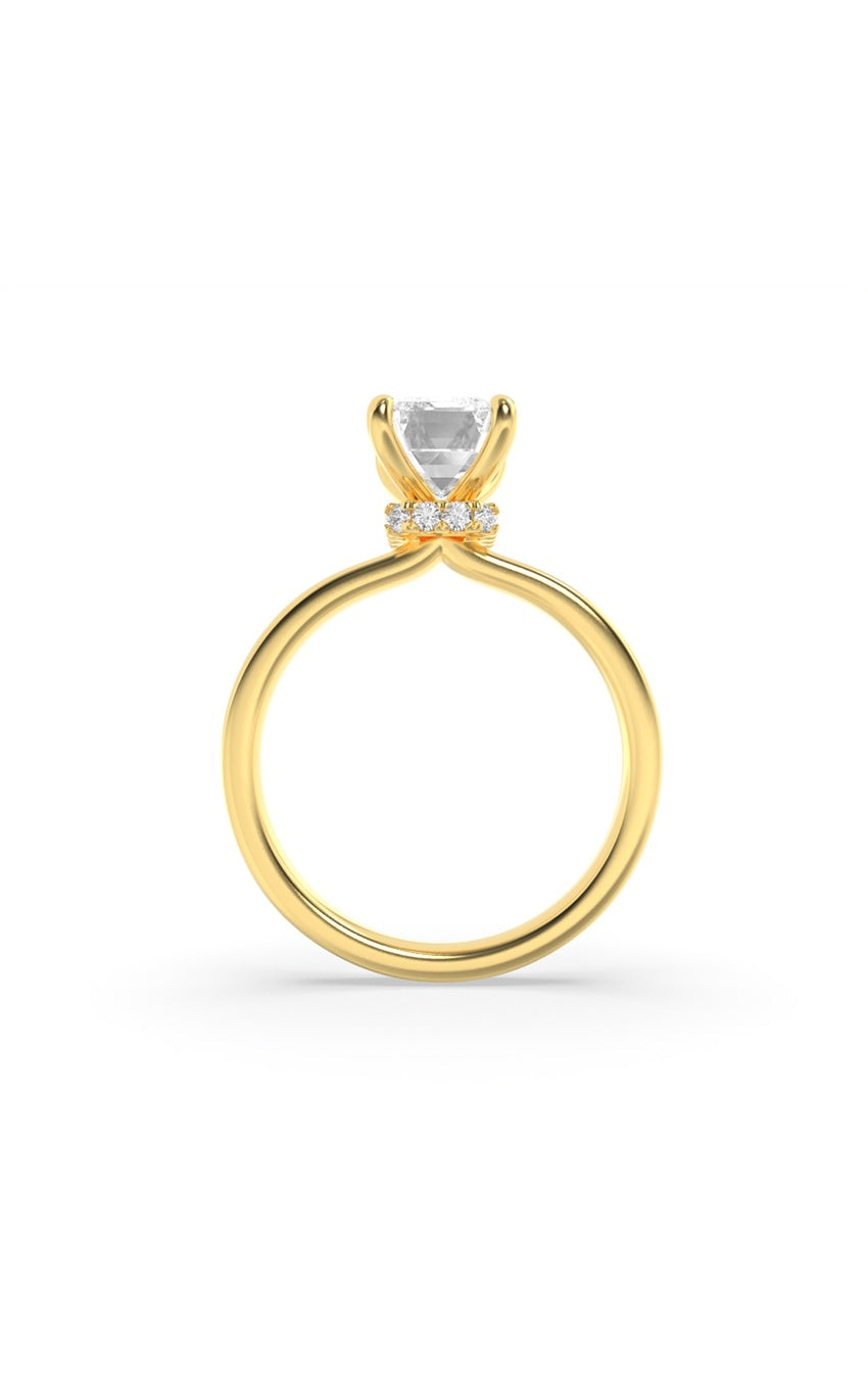 2Cttw Emerald Shaped Lab Grown Diamond (F/VS) Hidden Halo Plain Shank Engagement Ring in 14K Gold