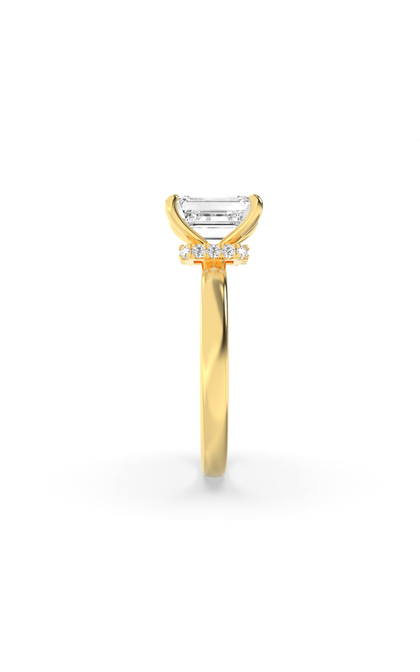 2Cttw Emerald Shaped Lab Grown Diamond (F/VS) Hidden Halo Plain Shank Engagement Ring in 14K Gold