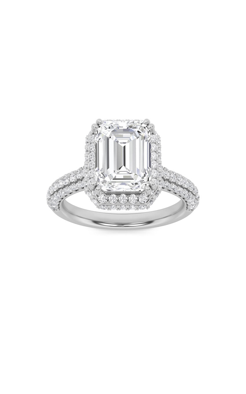 3Cttw Emerald Shaped Lab Grown Diamond (F/VS) Halo Accented Engagement Ring in 14K Gold