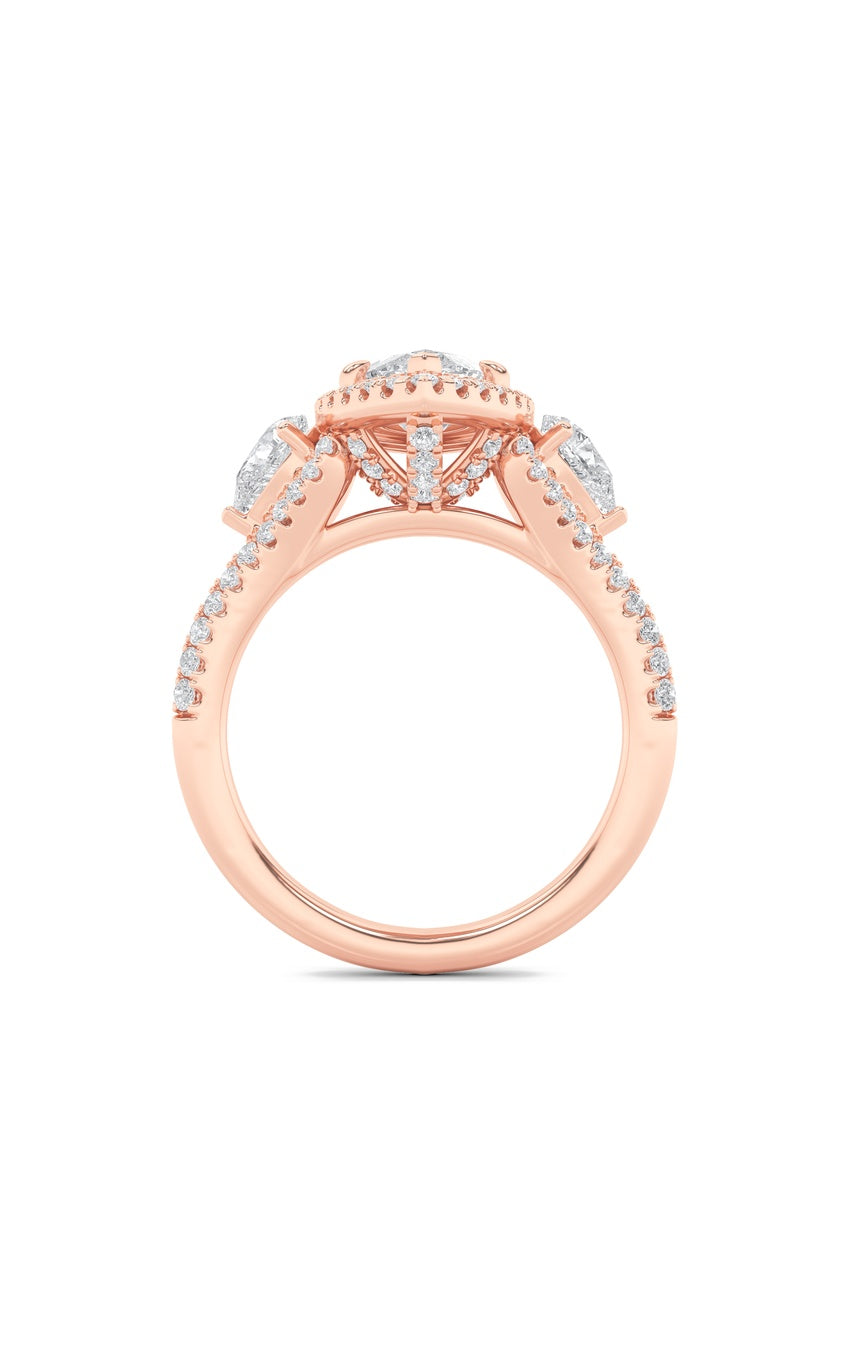 3Cttw Marquise Shaped Lab Grown Diamond (F/VS) Three Stone Bold Accented Engagement Ring in 14K Gold