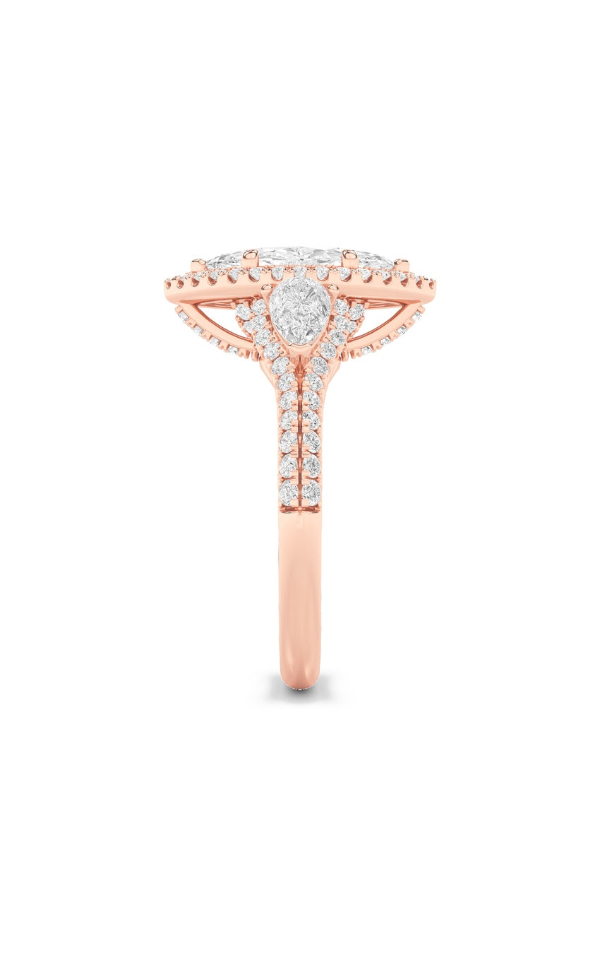3Cttw Marquise Shaped Lab Grown Diamond (F/VS) Three Stone Bold Accented Engagement Ring in 14K Gold