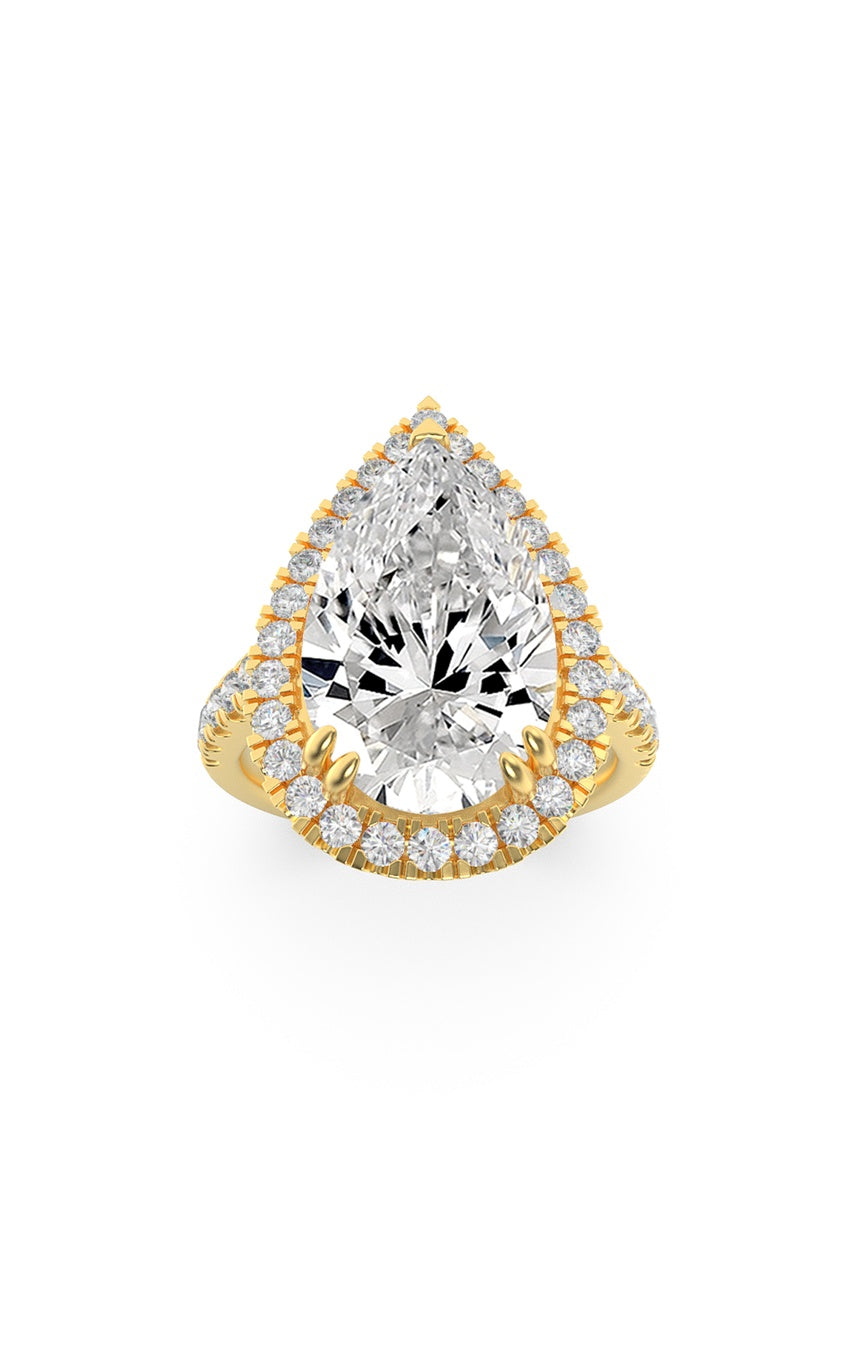 3Cttw Pear Shaped Lab Grown Diamond (F/VS) Bolld Accented Halo Engagement Ring in 14K Gold