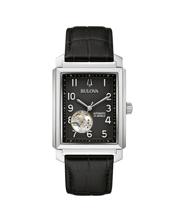 Bulova watch with black leather strap and black face on a white background