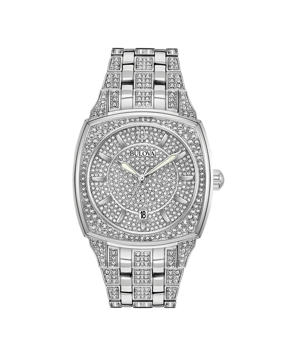 Silver Bulova watch with crystal embellishments on a white background
