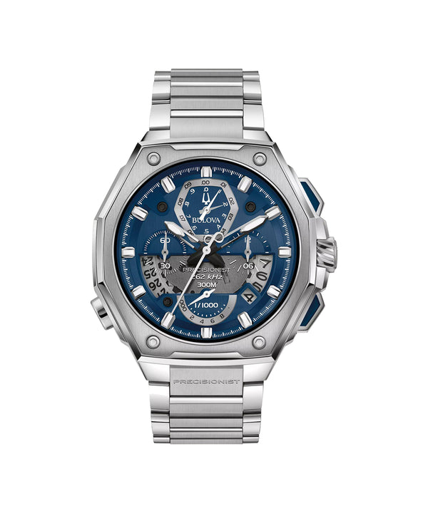 Silver watch with a blue face on a white background