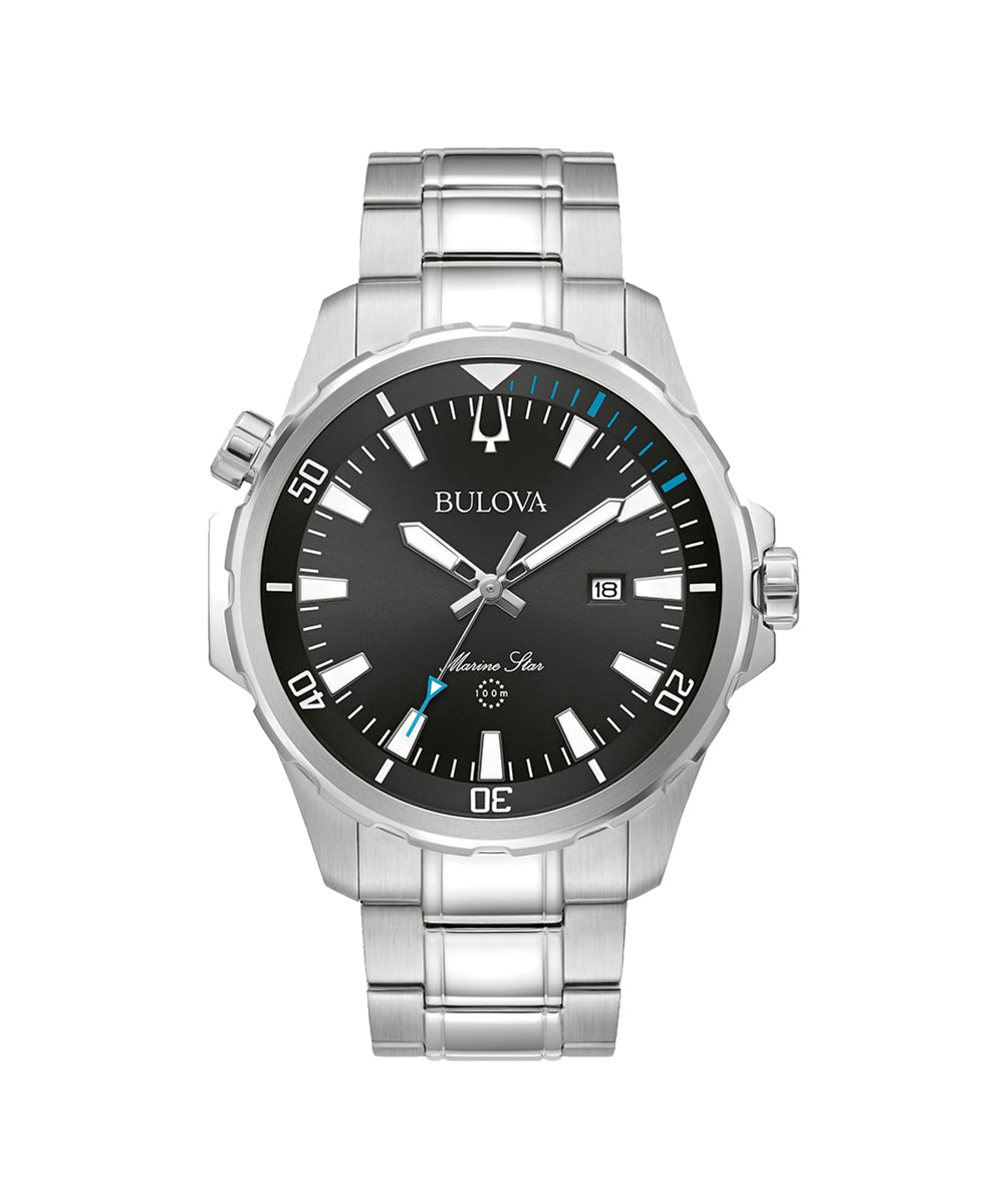 Bulova watch with black face and silver metal strap on a white background