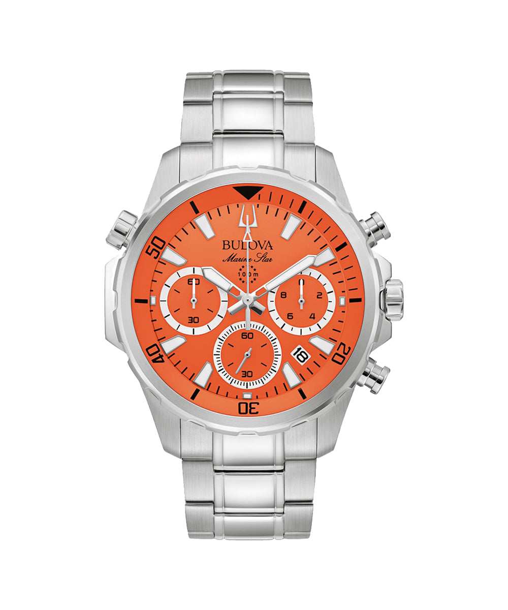 Silver watch with an orange face on a white background
