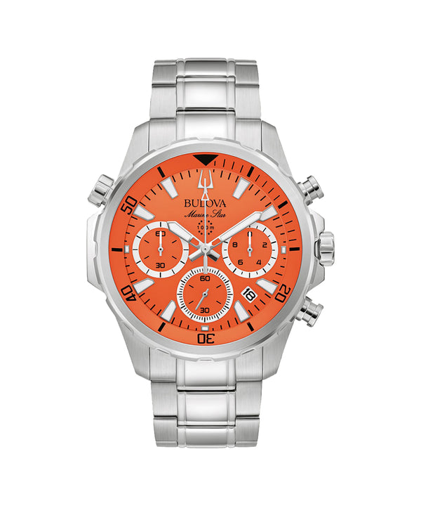 Silver watch with an orange face on a white background