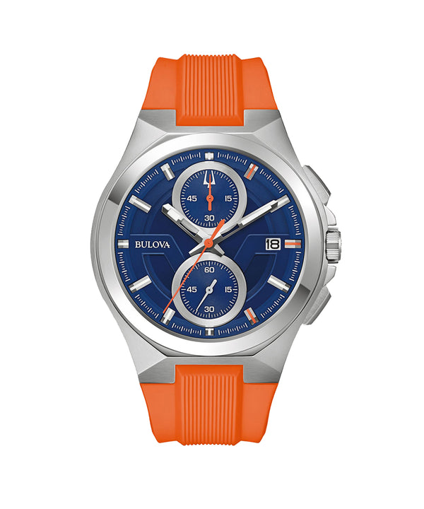 Bulova watch with orange strap and blue face on a white background