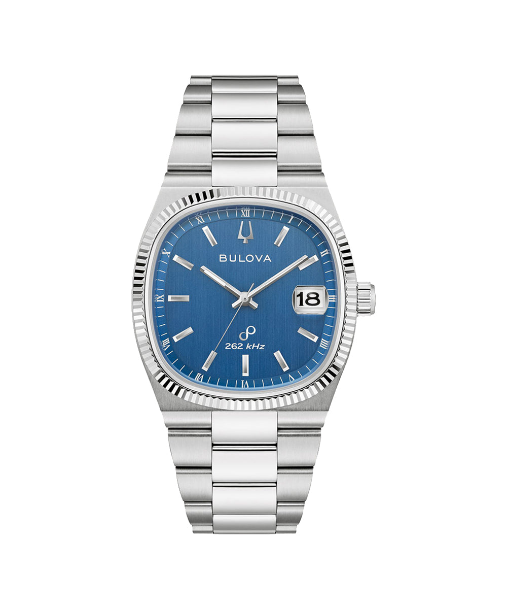 Bulova watch with blue face and silver bracelet on a white background