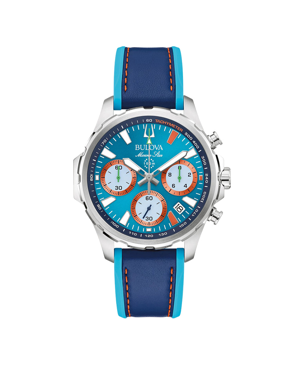 Bulova watch with blue strap and blue face on a white background
