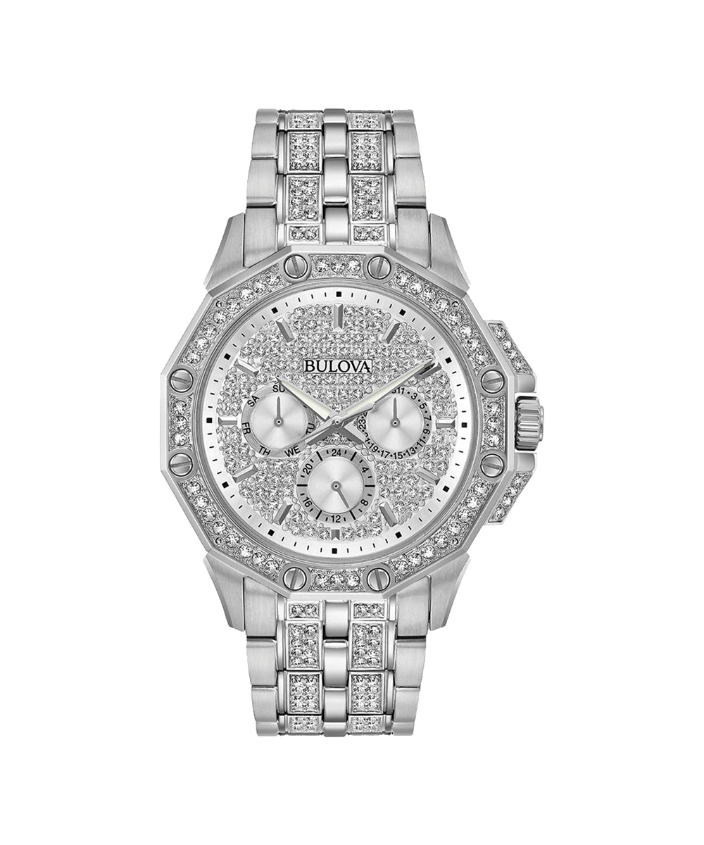Silver Bulova watch with diamond accents on a white background