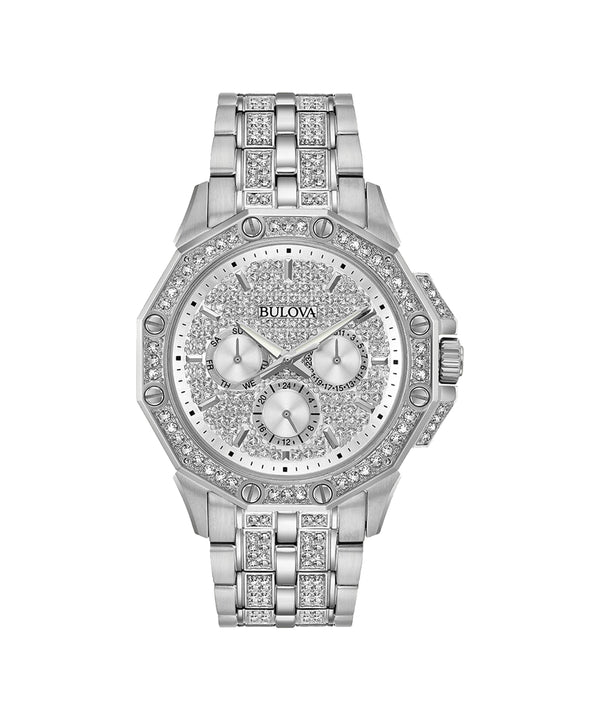 Silver Bulova watch with diamond accents on a white background