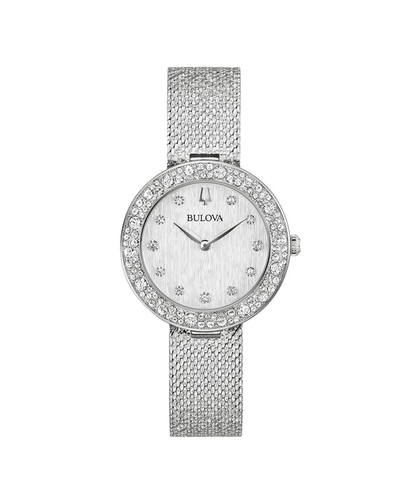 Silver Bulova watch with mesh band and crystal accents on a white background