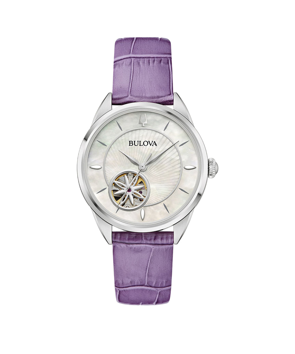Bulova watch with a purple strap on a white background