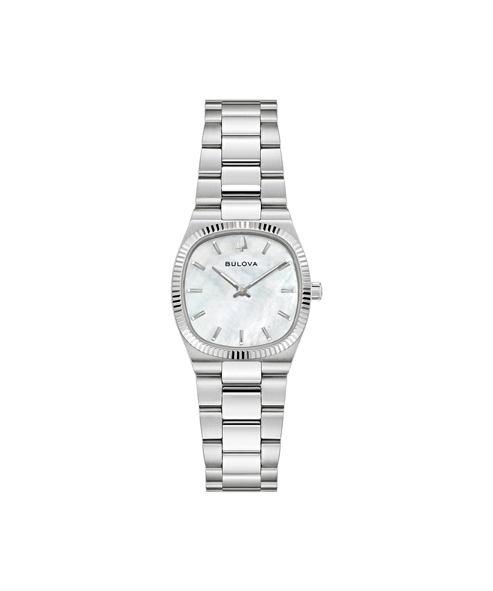 A Bulova women's watch featuring a silver stainless steel link bracelet, a fluted bezel, and a white mother-of-pearl dial with slim silver hour markers.