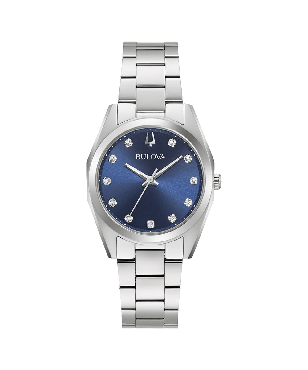 Bulova watch with silver bracelet and blue dial on a white background