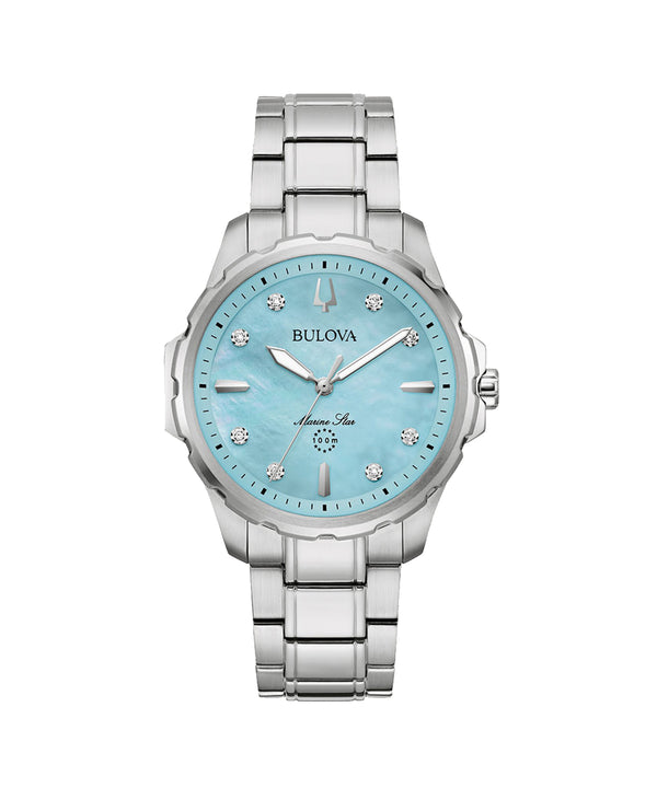 Bulova watch with silver bracelet and light blue face on a white background