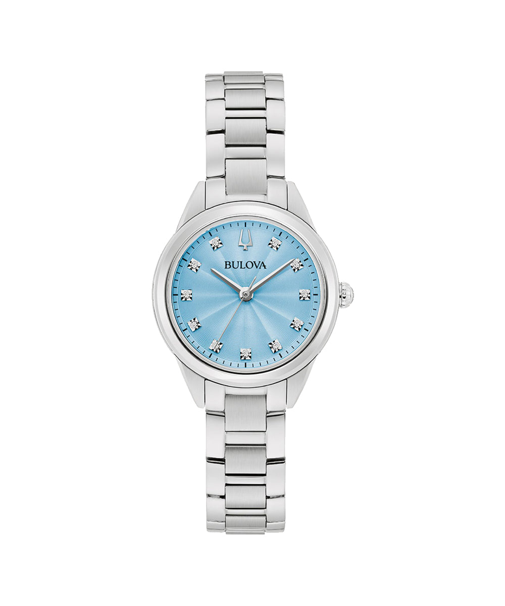 Bulova watch with silver bracelet and blue dial on a white background