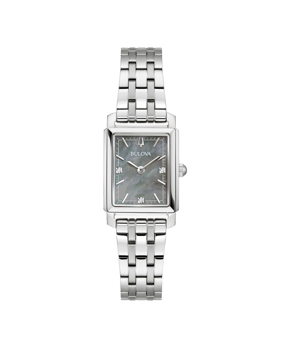 Silver watch with a rectangular face on a white background