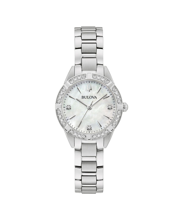 Silver Bulova watch with a white face on a white background