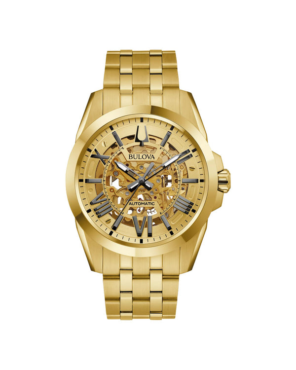 Gold Bulova watch with a white background