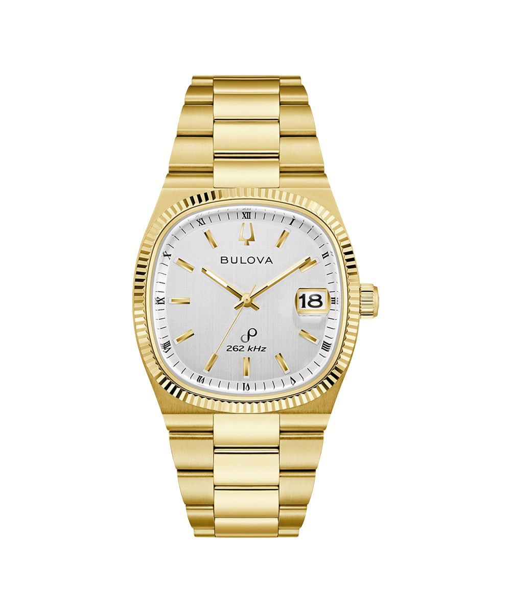Gold Bulova watch on a white background