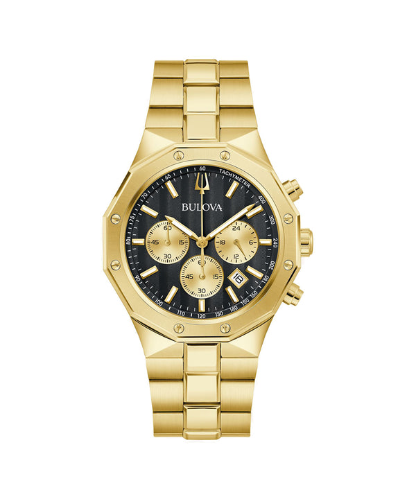 Gold watch with black dial on a white background